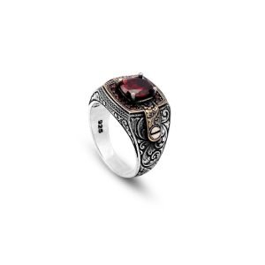 Jewellery Pit – Handmade Vintage Garnet Pinky Ring – 925 Sterling Silver Men’s Engagement Ring with Gemstone and Silver Polishing Cloth Gift (T 1/2)