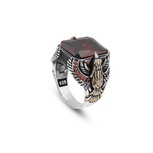 Jewellery Pit – Handmade Sterling Silver Eagle Ring with Ruby Stone – Handcrafted Men’s Ring with Free Silver Polishing Cloth (T 1/2)