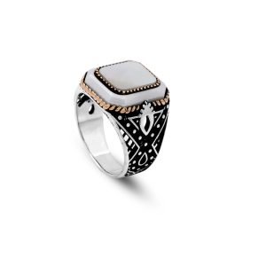 Jewellery Pit – Handmade Vintage Mother of Pearl Engagement Ring – 925 Sterling Silver Mens Ring with Gemstone and Silver Polishing Cloth Gift (T 1/2)