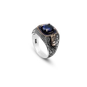 Jewellery Pit – Handmade Vintage Sapphire Pinky Ring – 925 Sterling Silver Men’s Engagement Ring with Gemstone and Silver Polishing Cloth Gift (T 1/2)