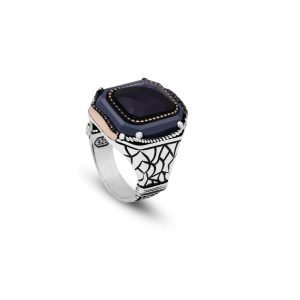 Jewellery Pit – Handmade Vintage Sapphire Engagement Ring – 925 Sterling Silver Mens Ring with Gemstone and Silver Polishing Cloth Gift (T 1/2)