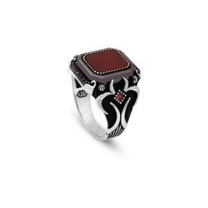 Jewellery Pit – Handmade Vintage Carnelian Engagement Ring – 925 Sterling Silver Mens Ring with Gemstone and Silver Polishing Cloth Gift (T 1/2)