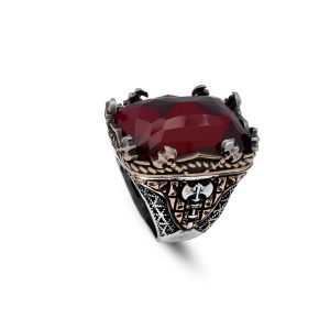 Jewellery Pit – Handmade Vintage Garnet Ottoman Ring with Axe Design, Large 925 Sterling Silver Engagement Men’s Ring, Silver Polishing Cloth Gift Included (T 1/2)