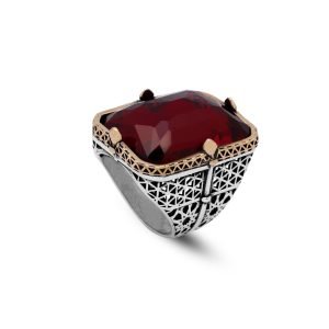 Jewellery Pit – Handmade Ottoman Garnet Ring Large 925 Sterling Silver Engagement Men’s Ring with Silver Polishing Cloth Gift (T 1/2)