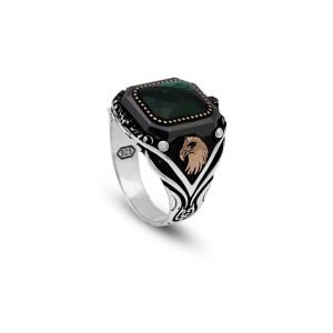 Jewellery Pit – Handmade Vintage Eagle and Emerald Engagement Ring – 925 Sterling Silver Mens Ring with Gemstone and Silver Polishing Cloth Gift (T 1/2)