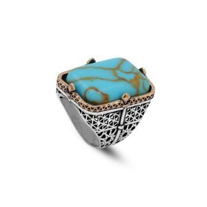 Jewellery Pit – Handmade Vintage Turquoise Ring Large 925 Sterling Silver Engagement Men’s Ring with Silver Polishing Cloth Gift (T 1/2)