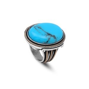 Jewellery Pit – Turquoise Men’s Ring – Large Oval Stone, Vintage 925 Sterling Silver Handmade Engagement Ring with Gemstone and Silver Polishing Cloth Gift (T 1/2)