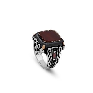 Jewellery Pit – Handmade Vintage Carnelian Engagement Ring – 925 Sterling Silver Mens Ring with Gemstone and Silver Polishing Cloth Gift (T 1/2)