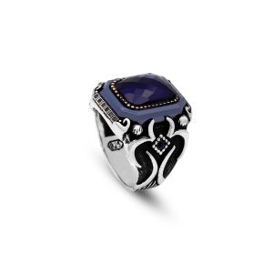 Jewellery Pit – Handmade Vintage Sapphire Engagement Ring – 925 Sterling Silver Mens Ring with Gemstone and Silver Polishing Cloth Gift (T 1/2)