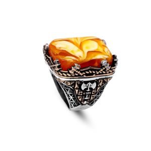 Jewellery Pit – Handmade Vintage Squeezing Amber Ottoman Ring with Axe Design, Large 925 Sterling Silver Engagement Men’s Ring, Silver Polishing Cloth Gift Included (T 1/2)