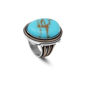 Jewellery Pit – Turquoise Men’s Ring – Large Oval Stone, Vintage 925 Sterling Silver Handmade Engagement Ring with Gemstone and Silver Polishing Cloth Gift (T 1/2)