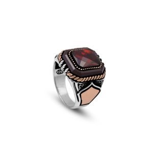 Jewellery Pit – Handmade Garnet Engagement Ring – 925 Sterling Silver Mens Ring with Gemstone and Silver Polishing Cloth Gift – Gift for Husband (T 1/2)