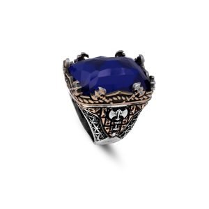 Jewellery Pit – Handmade Vintage Sapphire Ottoman Ring with Axe Design, Large 925 Sterling Silver Engagement Men’s Ring, Silver Polishing Cloth Gift Included (T 1/2)