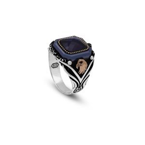 Jewellery Pit – Handmade Vintage Sapphire Eagle Engagement Ring – 925 Sterling Silver Mens Ring with Gemstone and Silver Polishing Cloth Gift (T 1/2)