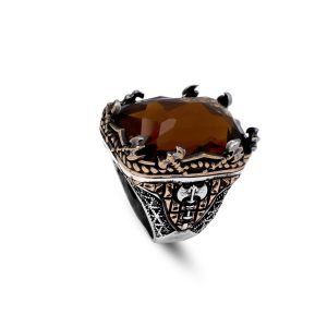 Jewellery Pit – Handmade Vintage Citrine Ottoman Ring with Axe Design, Large 925 Sterling Silver Engagement Men’s Ring, Silver Polishing Cloth Gift Included (T 1/2)