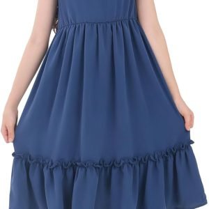 Girls Casual Dresses Ruffle Sleeve Solid Tiered Dresses Size 7-14 with Back-up Button Girls Casual Dresses Ruffle Sleeve Solid Tiered Dresses Size 7-14 with Back-up Button