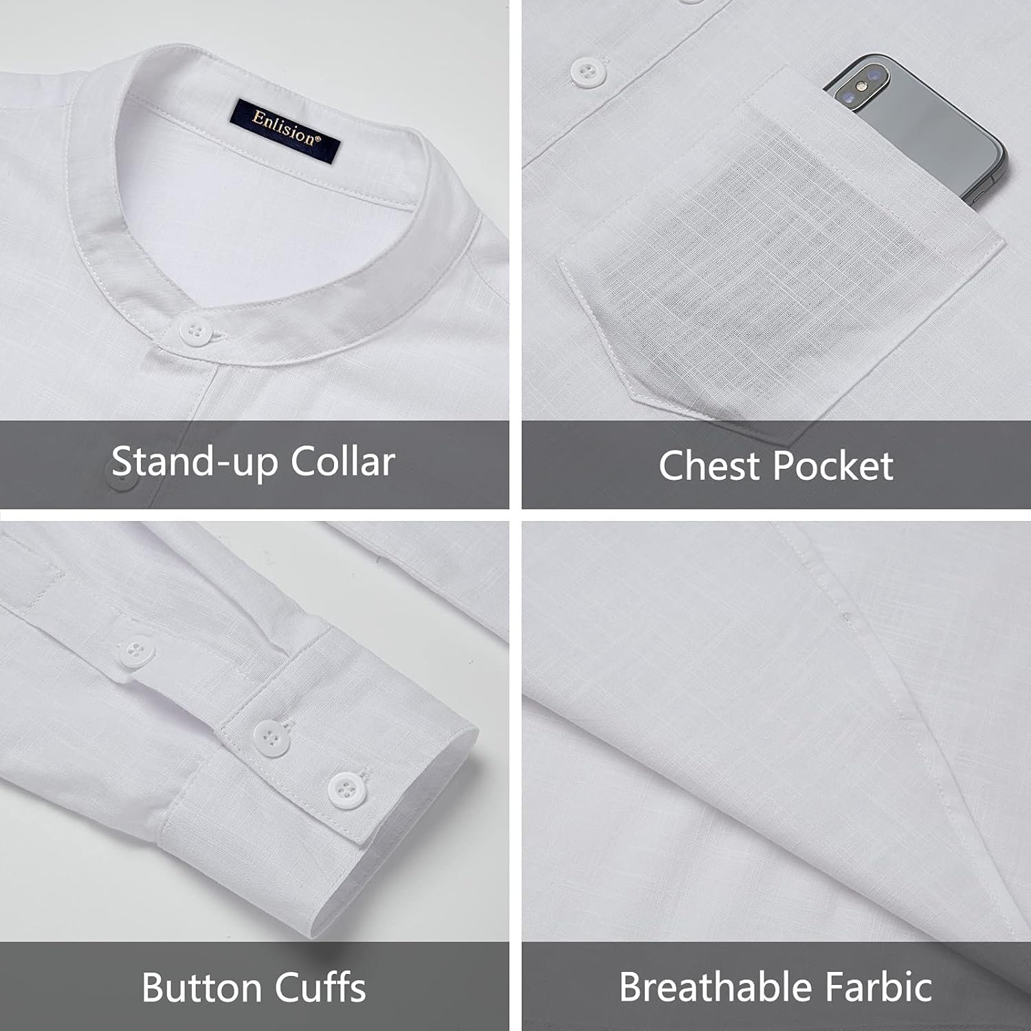 Buy Now : Enlision Mens Casual Cotton Linen Shirt Long Sleeve Button Down Summer Lightweight Henley Shirt Tops - Image 5