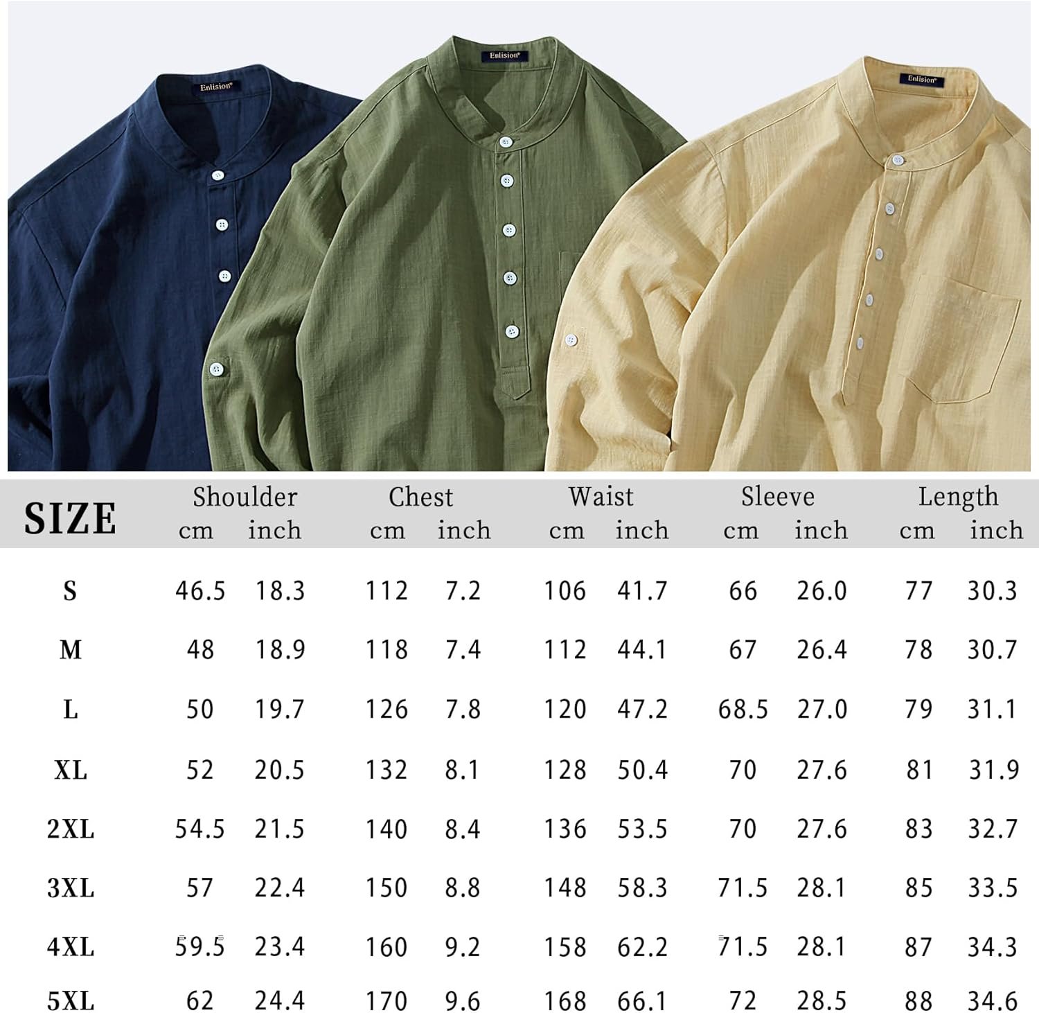 Buy Now : Enlision Mens Casual Cotton Linen Shirt Long Sleeve Button Down Summer Lightweight Henley Shirt Tops - Image 6