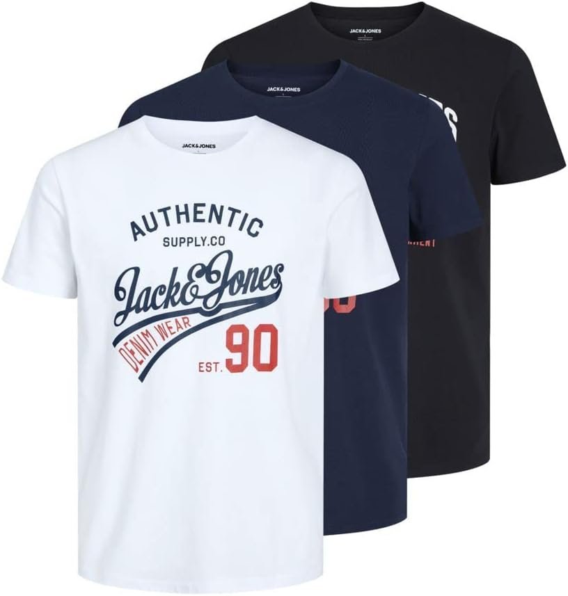 Buy Now : JACK & JONES Mens 3 Pack T-Shirts Comfortable Breathable Summer Crew Neck Cotton T-Shirt for Men UK, Size: S to 2XL