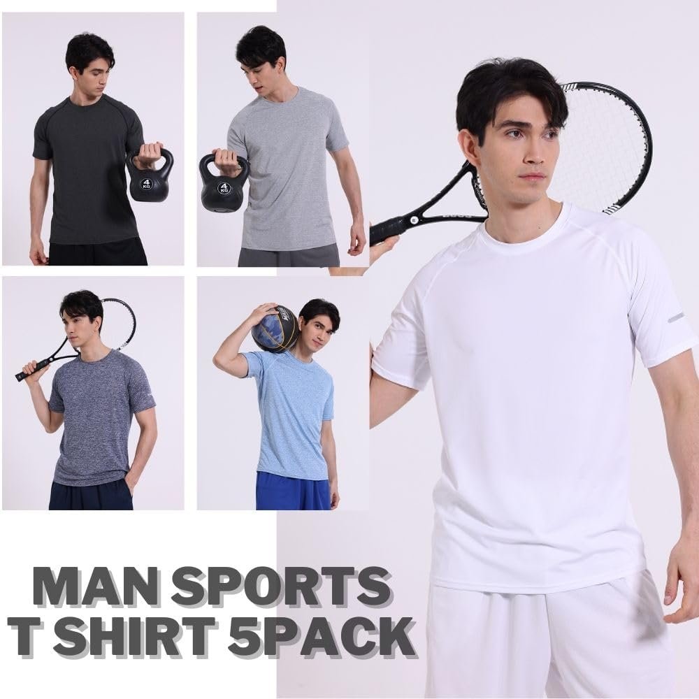Buy Now : 5 Pack Mens Short Sleeve Crew Neck Gym T Shirt Workout Running Tops Mens Breathable Athletic Shirts Short Sleeve Sport Tops - Image 2