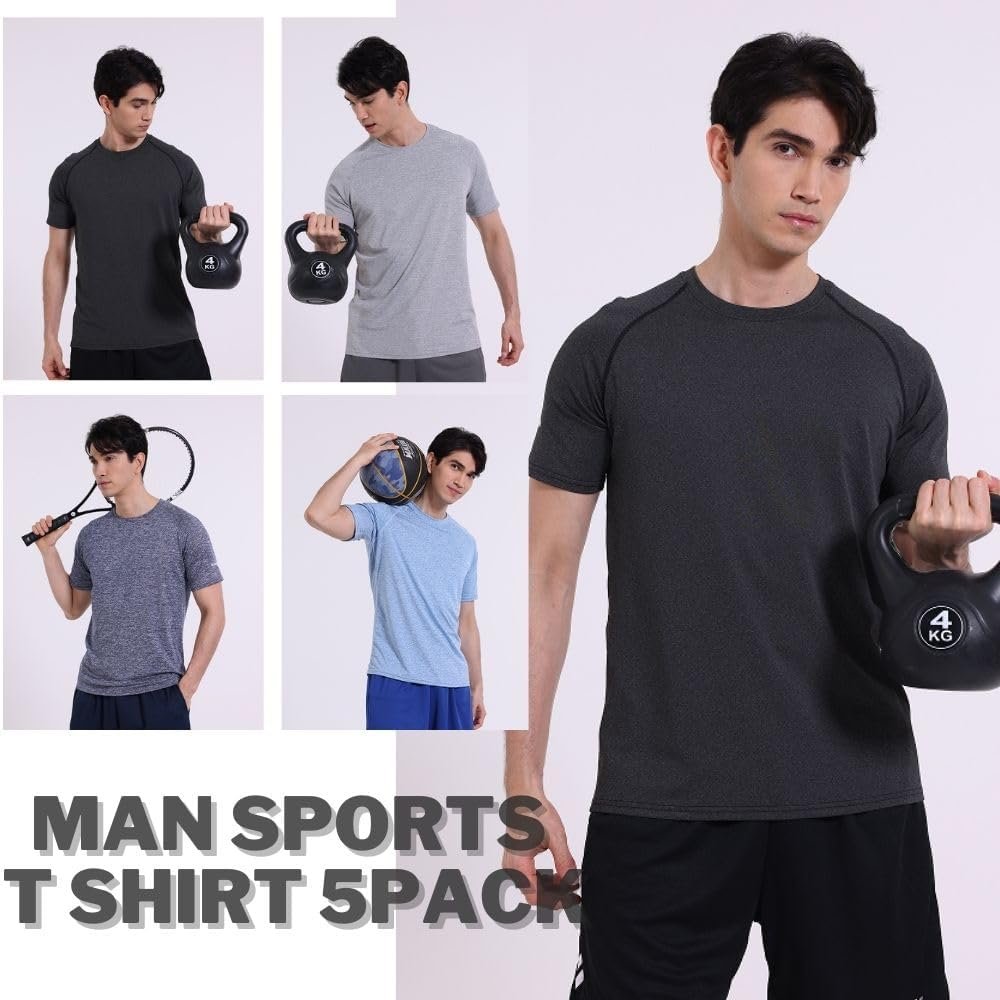 Buy Now : 5 Pack Mens Short Sleeve Crew Neck Gym T Shirt Workout Running Tops Mens Breathable Athletic Shirts Short Sleeve Sport Tops - Image 2
