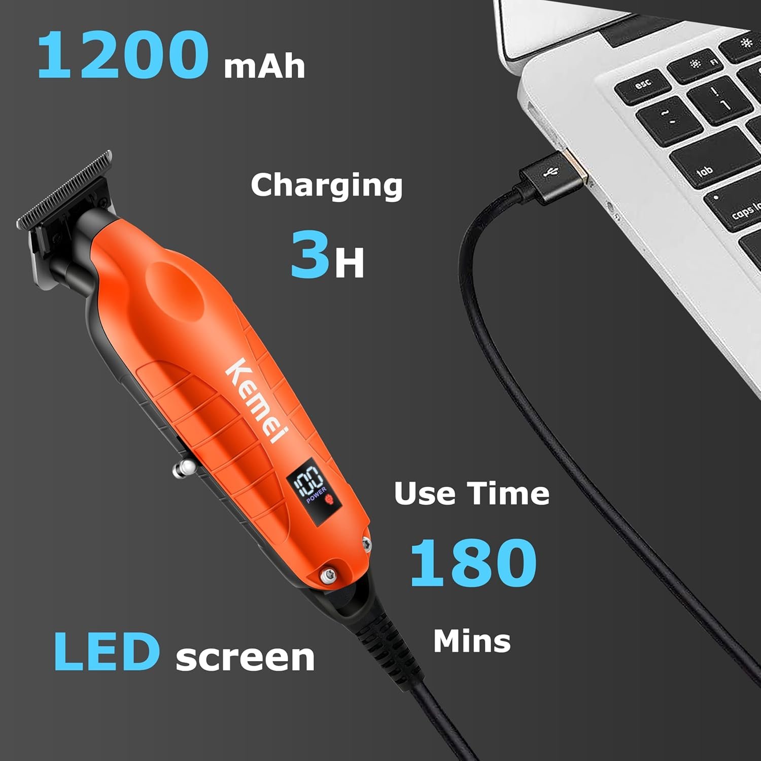 Buy Now : KEMEI 2293 Professional Hair/Beard Trimmer for Men Zero Gapped Hair Clippers for Barber with T Blade, Cordless Rechargeable, Orange - Image 4