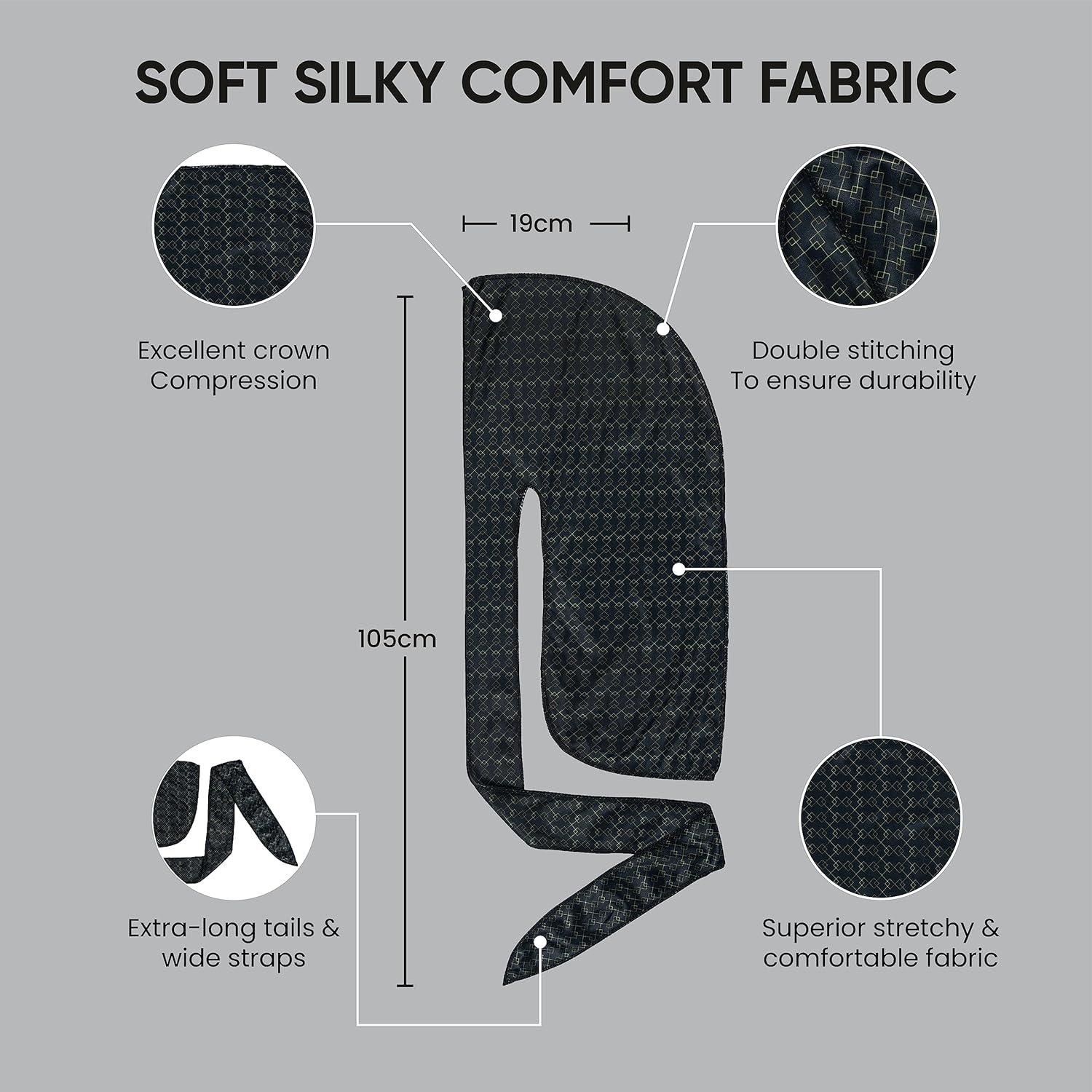 Buy Now : Roman-T Premium Silky Satin Durag - Designer Durags for Men and Women - Long, Wide Tails - Black N Gold - Image 7