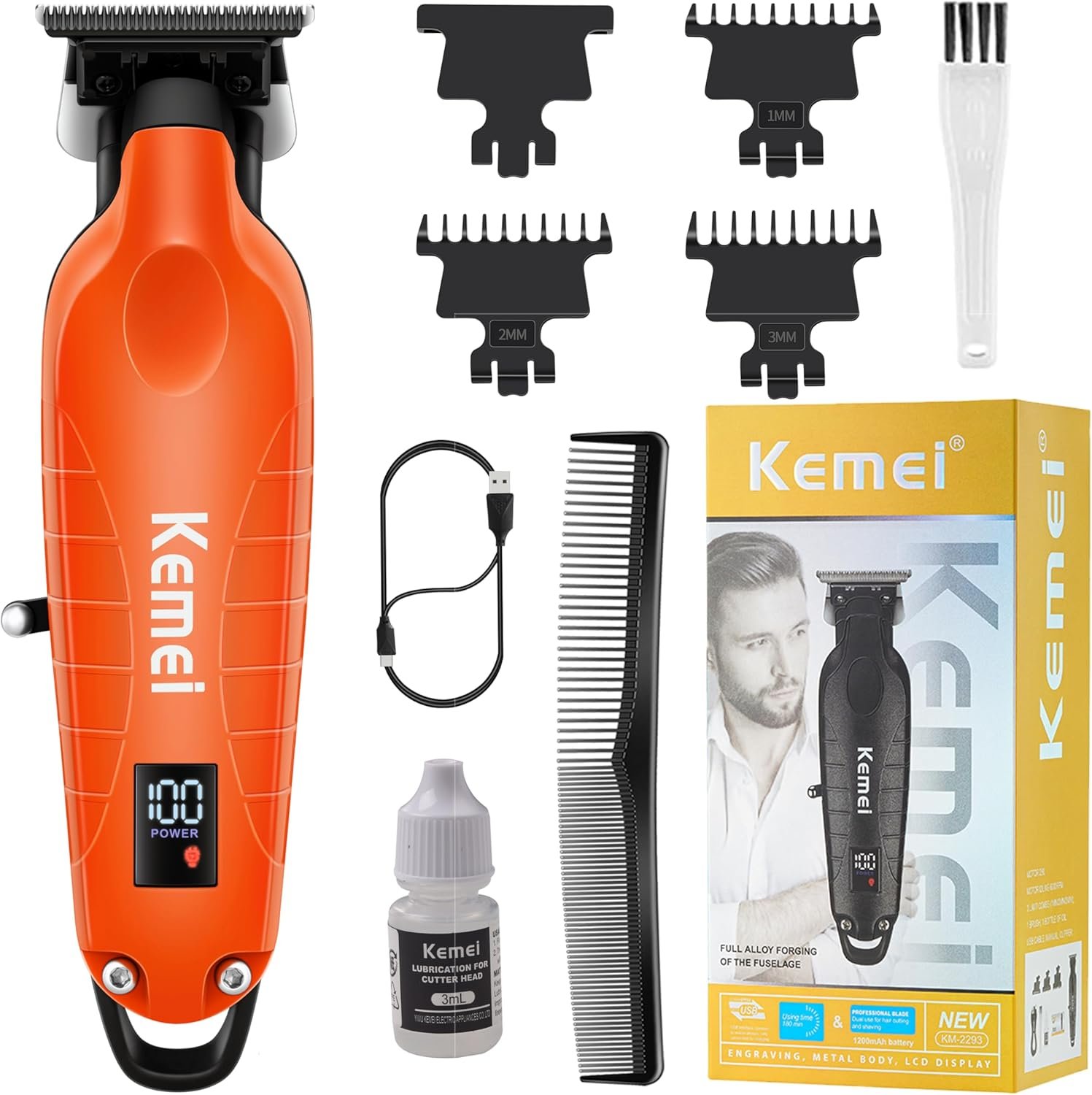 Buy Now : KEMEI 2293 Professional Hair/Beard Trimmer for Men Zero Gapped Hair Clippers for Barber with T Blade, Cordless Rechargeable, Orange