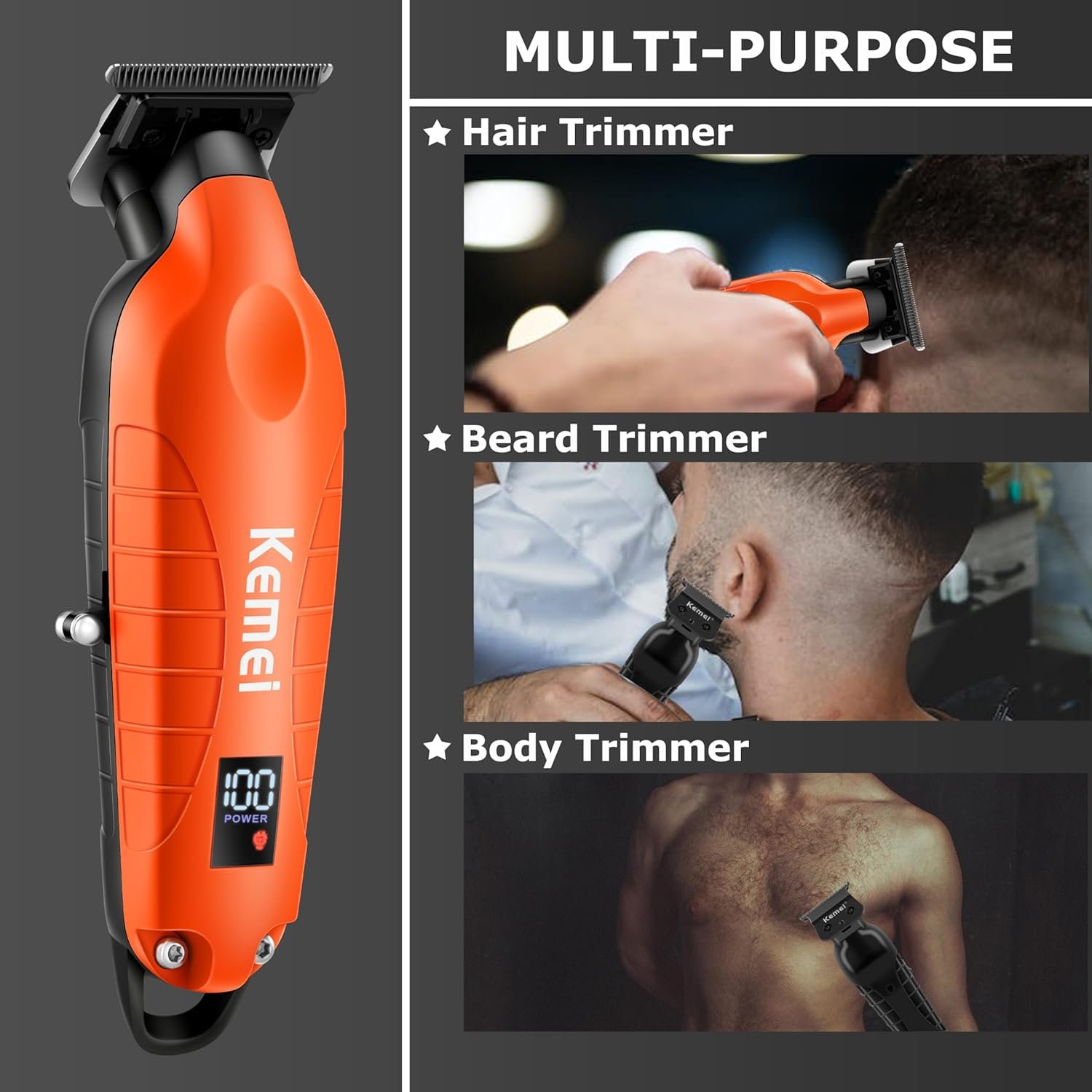 Buy Now : KEMEI 2293 Professional Hair/Beard Trimmer for Men Zero Gapped Hair Clippers for Barber with T Blade, Cordless Rechargeable, Orange - Image 6