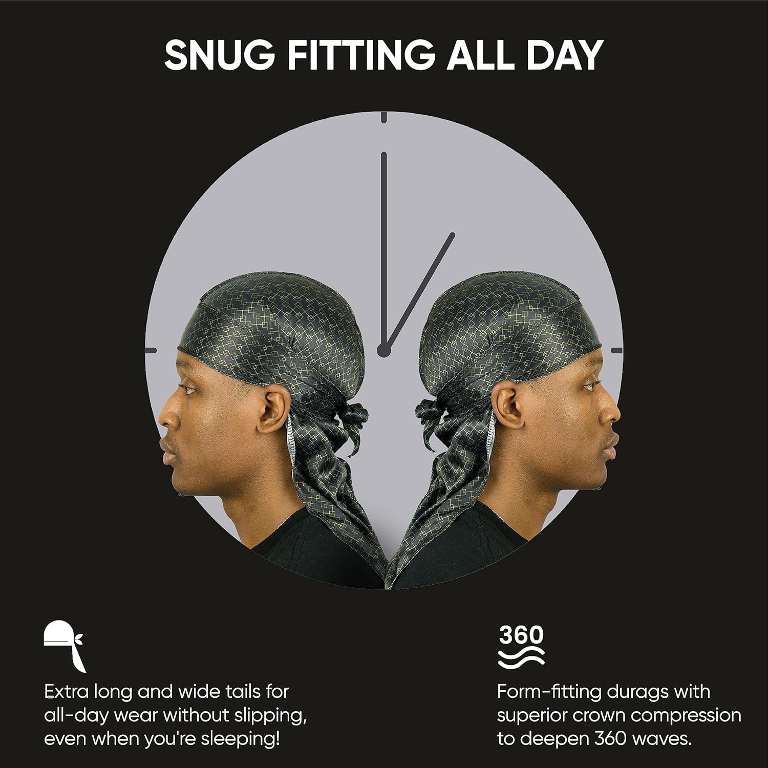 Buy Now : Roman-T Premium Silky Satin Durag - Designer Durags for Men and Women - Long, Wide Tails - Black N Gold - Image 4