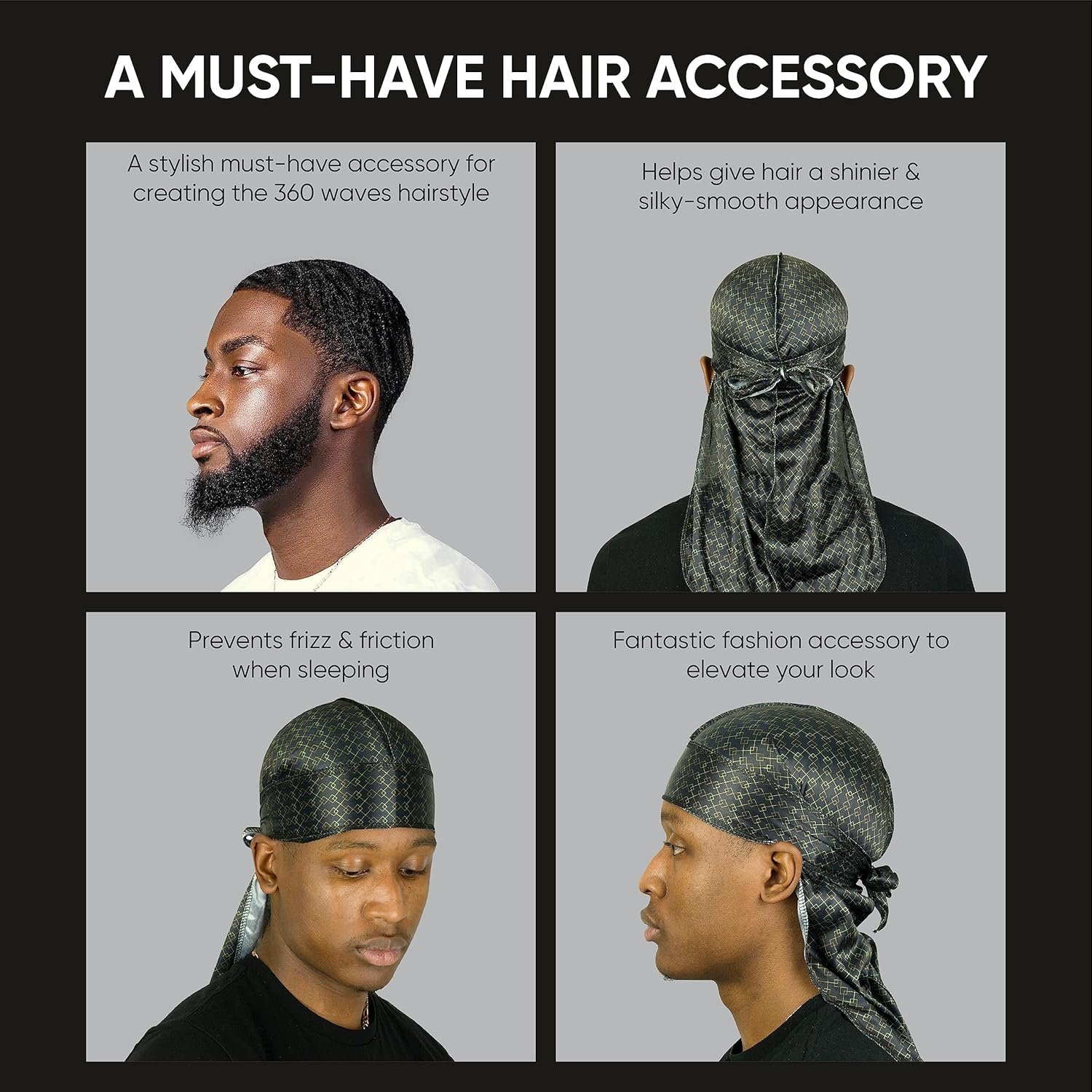 Buy Now : Roman-T Premium Silky Satin Durag - Designer Durags for Men and Women - Long, Wide Tails - Black N Gold - Image 6