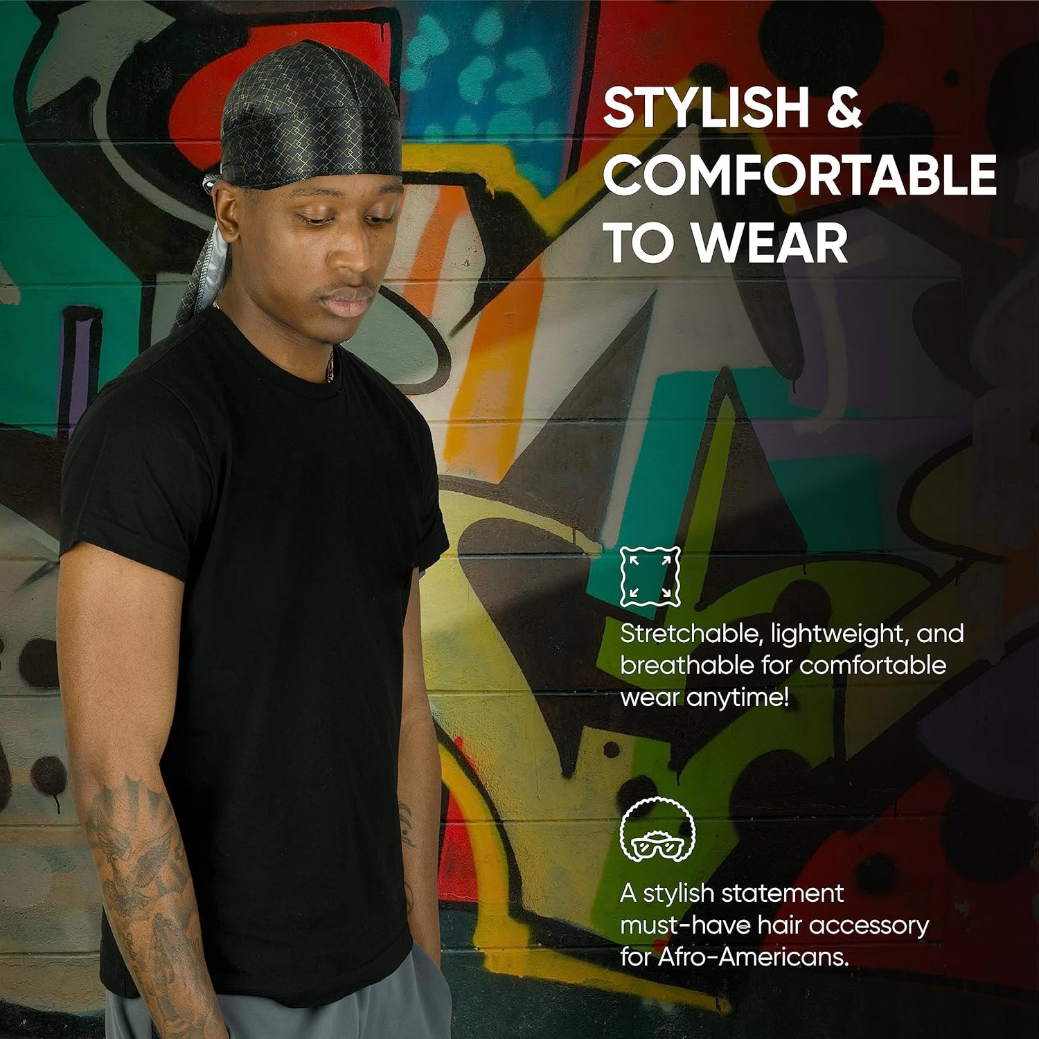 Buy Now : Roman-T Premium Silky Satin Durag - Designer Durags for Men and Women - Long, Wide Tails - Black N Gold - Image 3