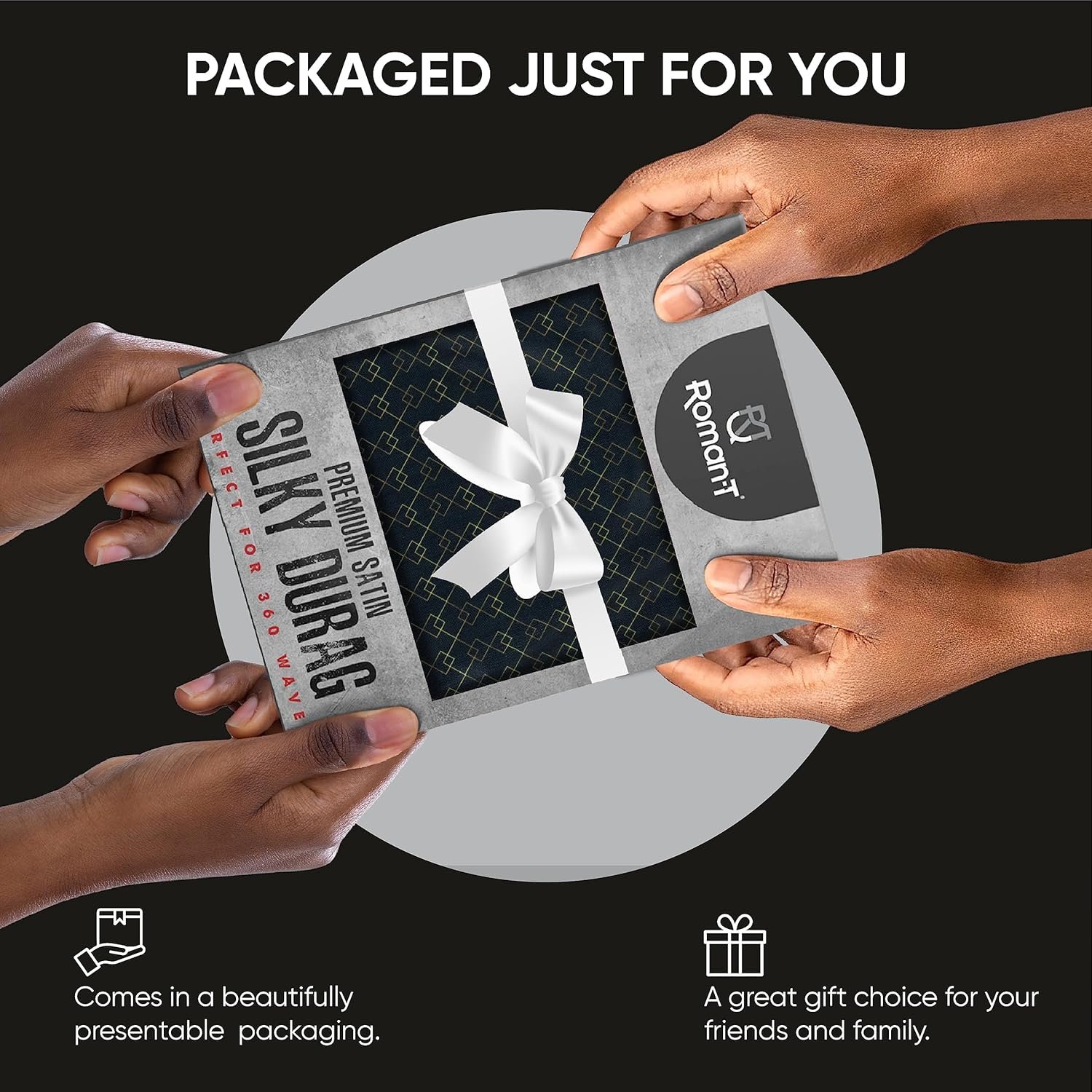 Buy Now : Roman-T Premium Silky Satin Durag - Designer Durags for Men and Women - Long, Wide Tails - Black N Gold - Image 5