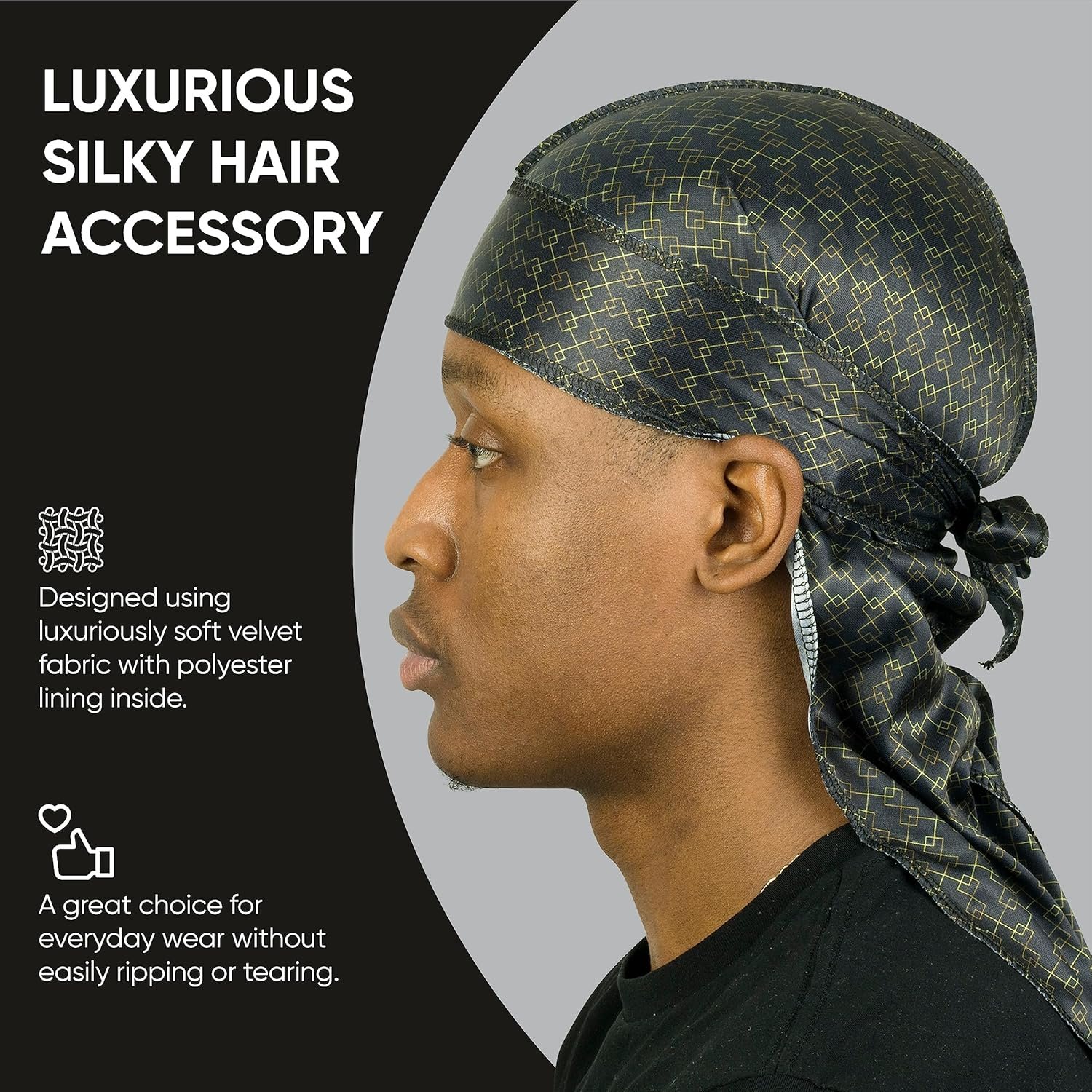 Buy Now : Roman-T Premium Silky Satin Durag - Designer Durags for Men and Women - Long, Wide Tails - Black N Gold - Image 2